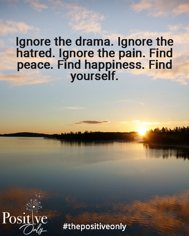 ThePositiveOnl2's tweet photo. Ignore the drama. Ignore the hatred. Ignore the pain. Find peace. Find happiness. Find yourself. #positivelife #quotes #positivequoes #goodvibesonly #staypositive #anticyberbullying #MotivationalQuotes #SanDiego https://t.co/quhFirYucE