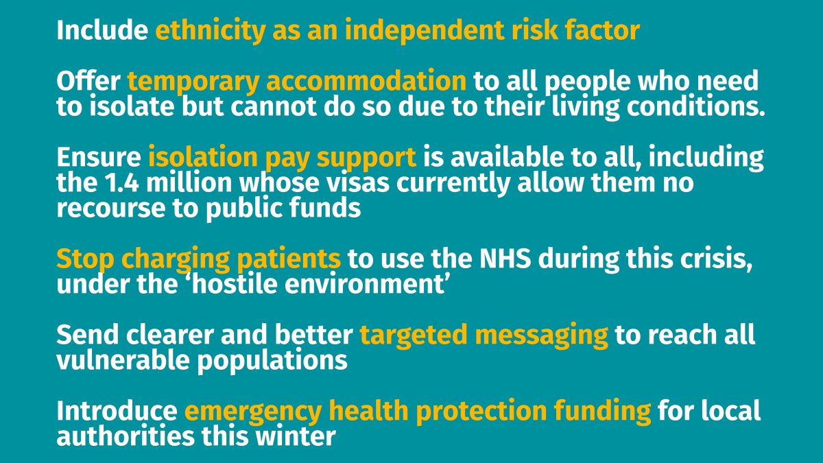 Together we are calling for the government to take action to bring down the risk for people from minority ethnic communities – both from higher rates of infection and higher rate of death for those with Covid-19Here's some urgent step they can take (6/7)