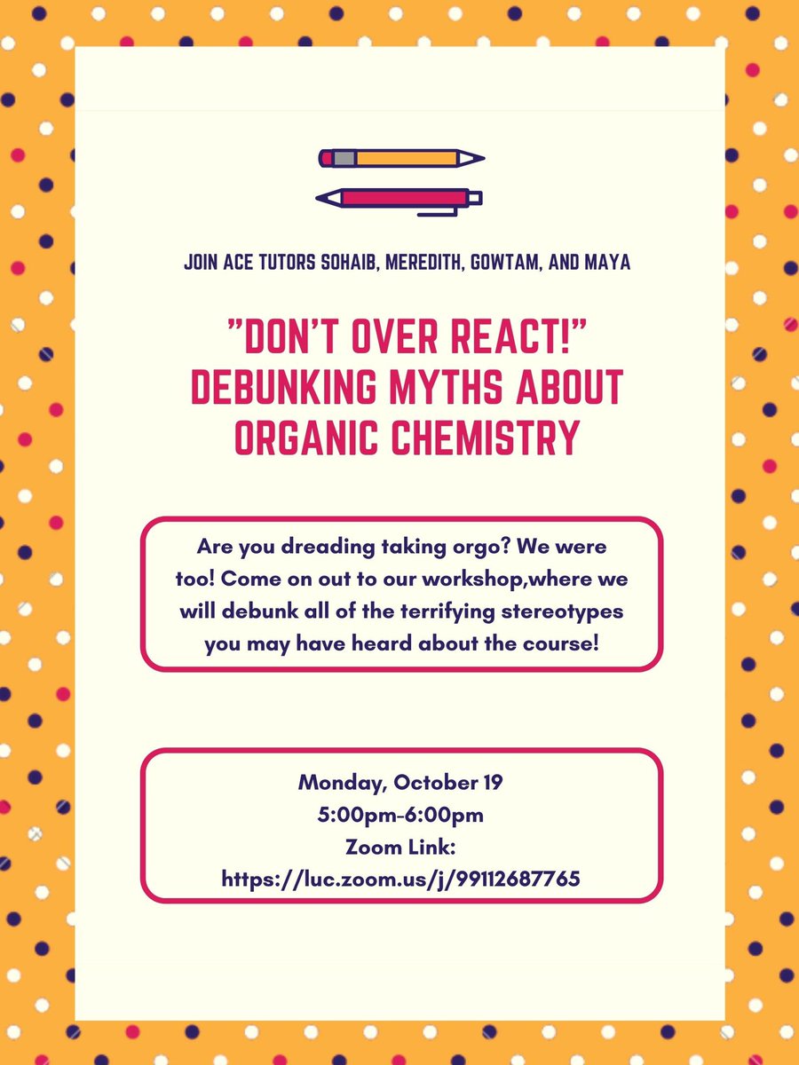 ACE Scholars! Join ACE Tutors Sohaib, Meredith, Gowtam, and Maya TONIGHT at 5:00pm for their workshop, where they’ll demystify what it’s like to take orgo and what you can expect from the curriculum! 🧪
