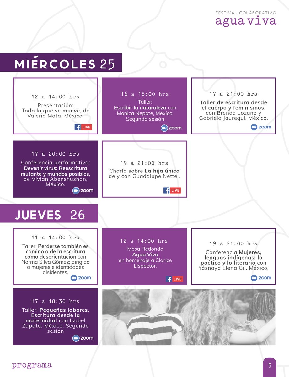 traspatio_el's tweet photo. Conmemorando el #diadelasescritoras  les compartimos la feliz noticia: Ya tenemos el programa completo de "Agua Viva" Festival colaborativo, colectivo y autogestivo de mujeres y géneros disidentes en el mundo de la palabra y el libro, esta buenísimo 💜🙌🏾 https://t.co/ZbA2mcwUyn