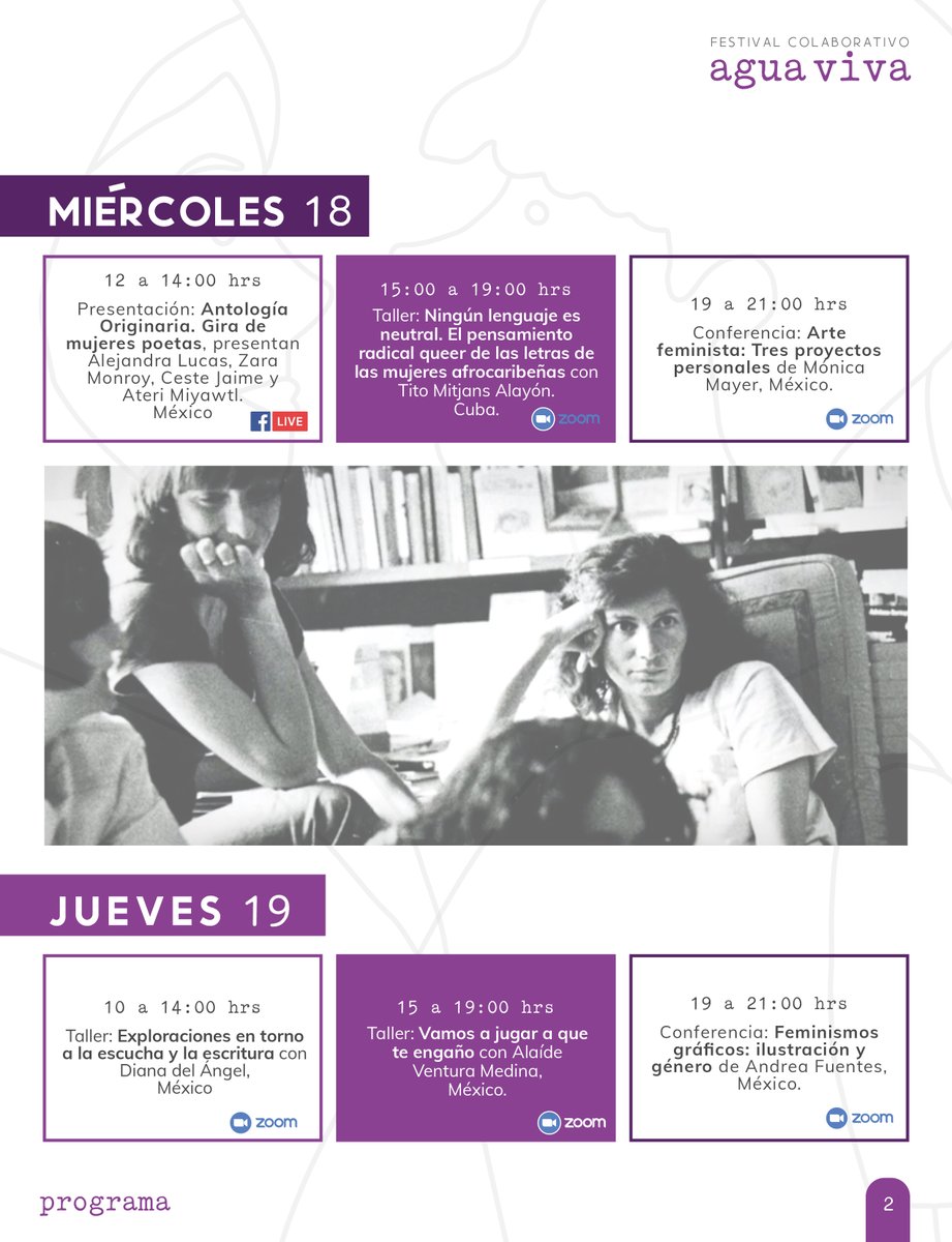traspatio_el's tweet photo. Conmemorando el #diadelasescritoras  les compartimos la feliz noticia: Ya tenemos el programa completo de "Agua Viva" Festival colaborativo, colectivo y autogestivo de mujeres y géneros disidentes en el mundo de la palabra y el libro, esta buenísimo 💜🙌🏾 https://t.co/ZbA2mcwUyn