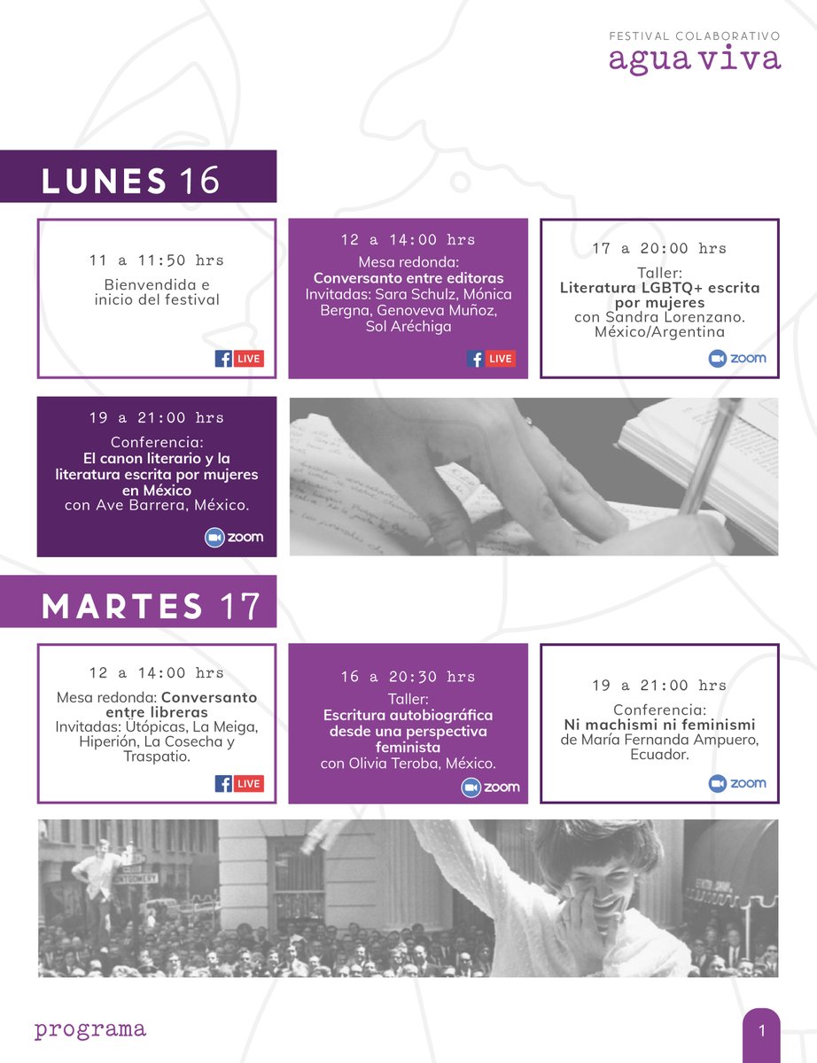 traspatio_el's tweet photo. Conmemorando el #diadelasescritoras  les compartimos la feliz noticia: Ya tenemos el programa completo de "Agua Viva" Festival colaborativo, colectivo y autogestivo de mujeres y géneros disidentes en el mundo de la palabra y el libro, esta buenísimo 💜🙌🏾 https://t.co/ZbA2mcwUyn