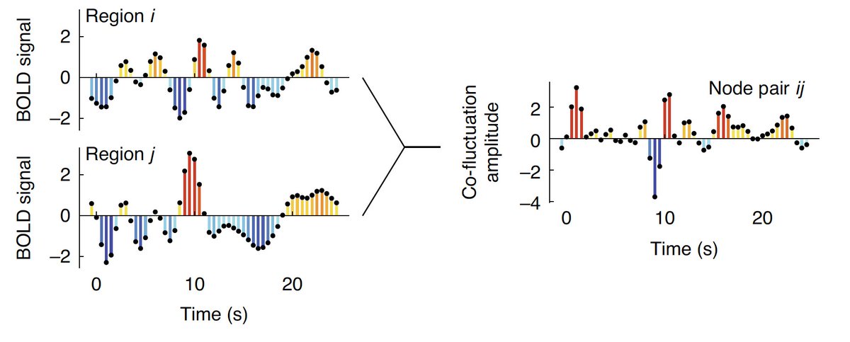 We get a co-fluctuation or "edge" time series that indexes *when* the activity of two nodes deflect from their mean in the same or opposite direction. 7/n