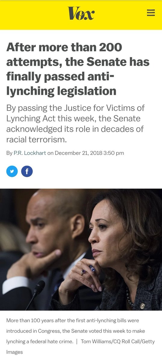 Let's talk specific policies. Ice Cube's Contract for Black America calls for Anti-Lynching to become a federal crime. It has been attempted over 200 times for 100 YEARS! VP nominee  #KamalaHarris championed it in the Senate years b4 Cube made 2 peeps about it.