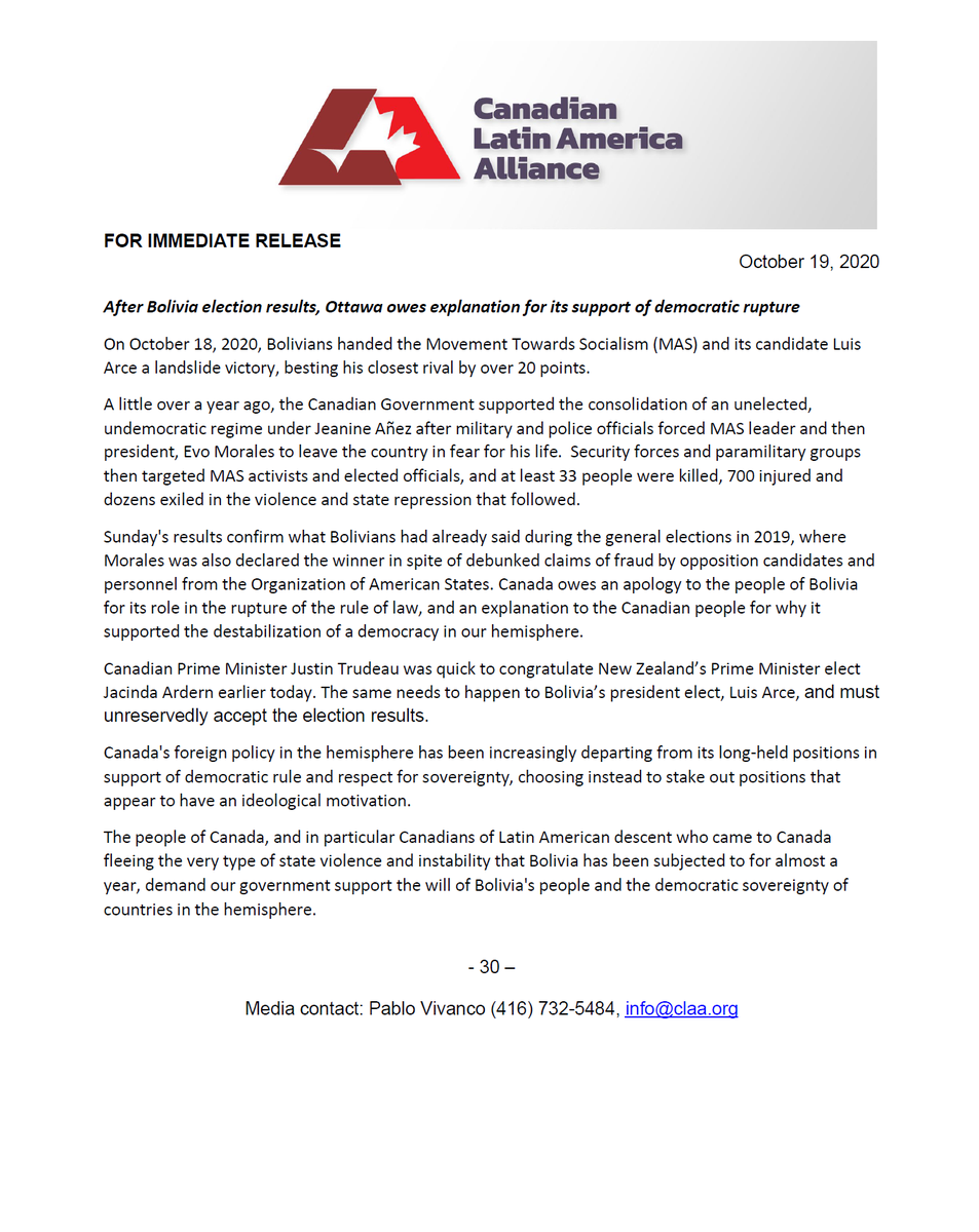 CLAAlliance's tweet photo. It is time for Canada to acknowledge electoral results in Bolivia.

Canada owes an apology to the people of Bolivia for its role in the rupture of the rule of law, and an explanation to the Canadian people for why it supported the destabilization of a democracy in our hemisphere. https://t.co/ybTrgf2ScK