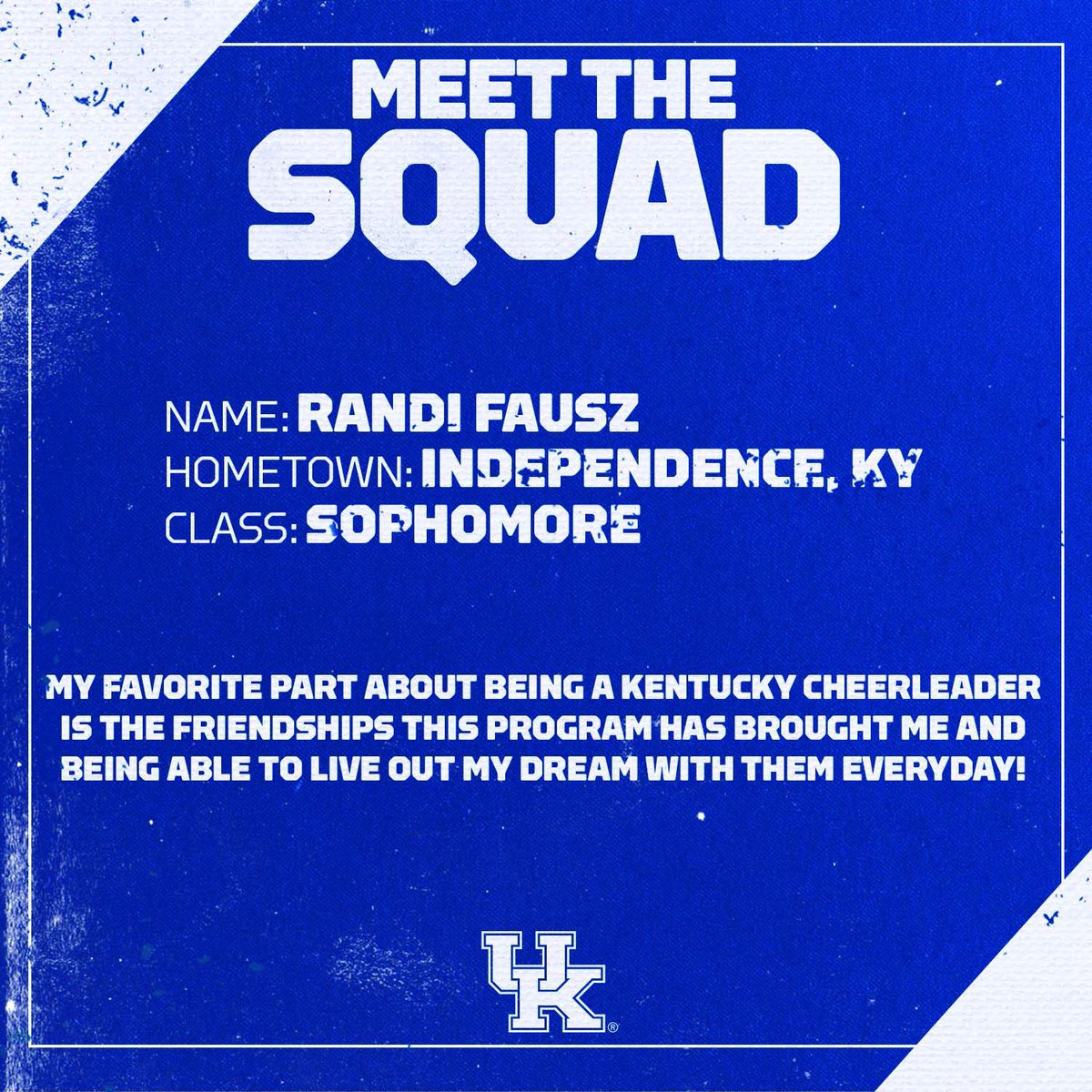 KentuckyCheer's tweet photo. MEET THE SQUAD!

@Randi_Fausz is a sophomore from Independence, Kentucky! We are excited to have her back on the squad this season! 😼📣💙 #WeAreUK #MeetTheSquadMonday https://t.co/y9udkyqpAs