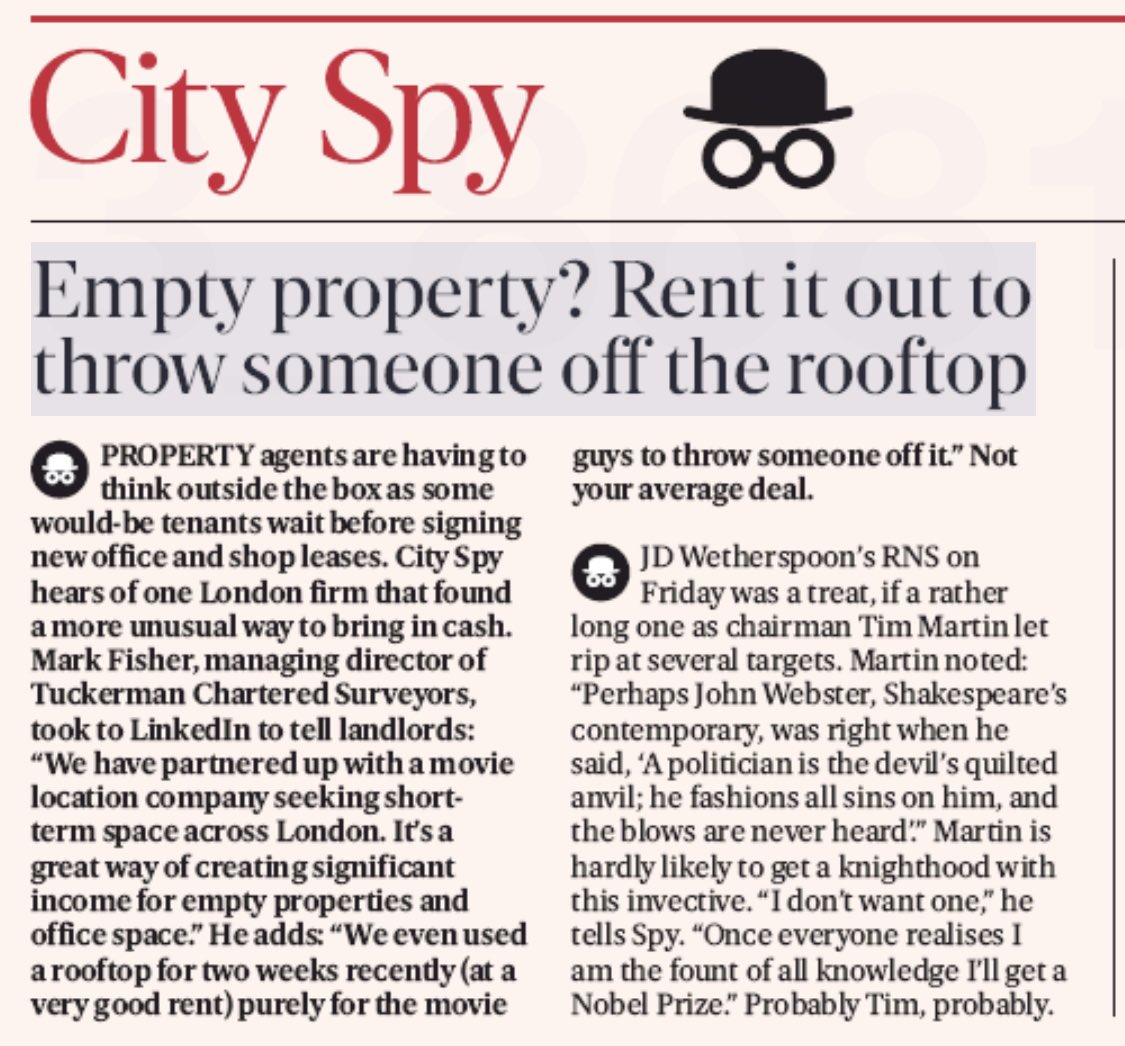 Have you considered your commercial property could be a movie location? We can help monetise your property short term, even if it’s just the rooftop!
eveningstandard.pressreader.com/evening-standa…