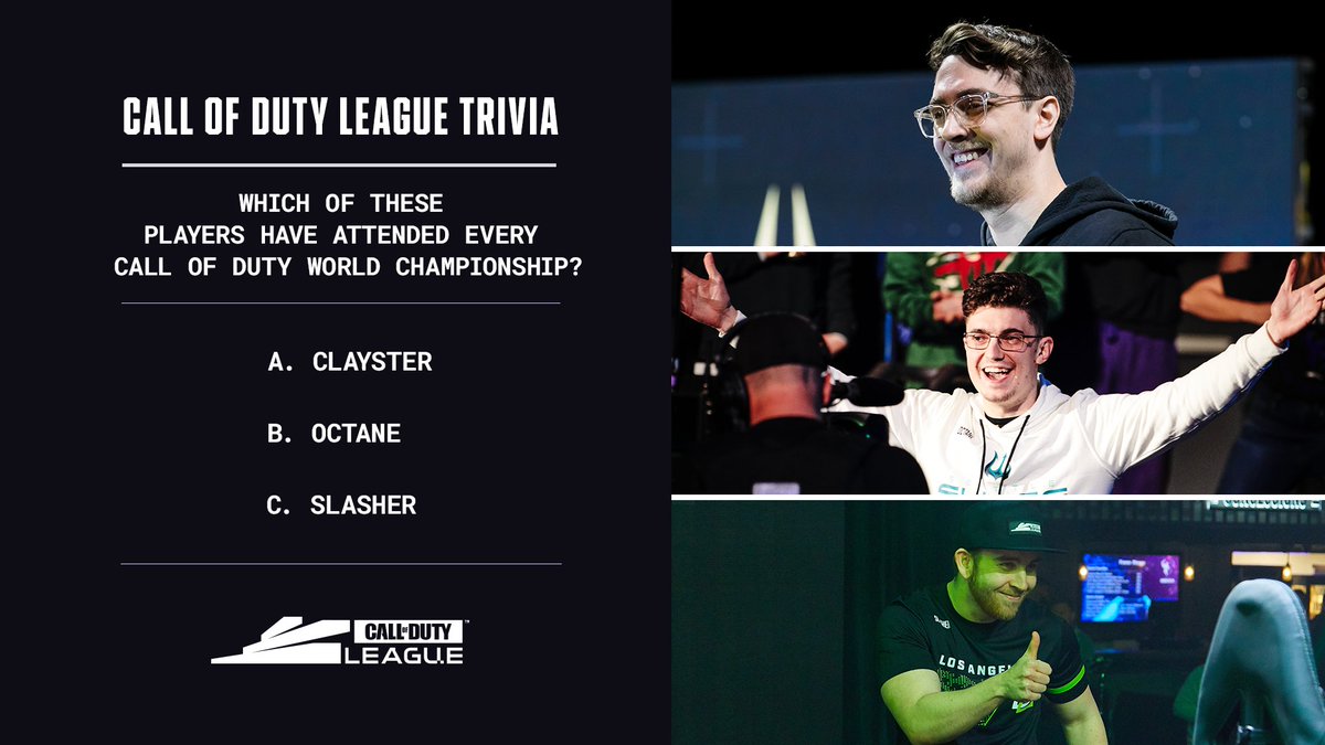 Which of these players have attended every COD Champs?
A. Clayster
B. Octane
C. SlasheR https://t.co/R63l3Ffk2T