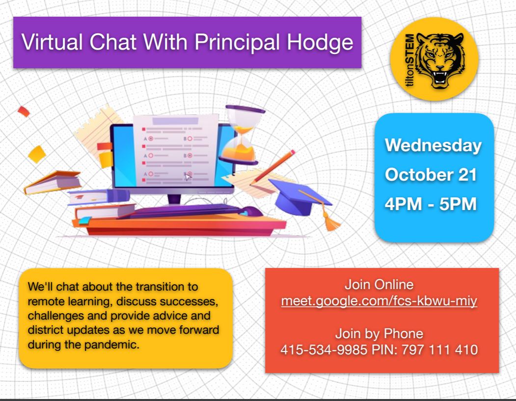 Join Mrs. Hodge for a virtual chat this Wednesday, October 21, from 4 - 5:00 PM.  It is an opportunity to discuss remote learning successes, challenges, as well as, provide advice and district updates as we move forward during the pandemic.