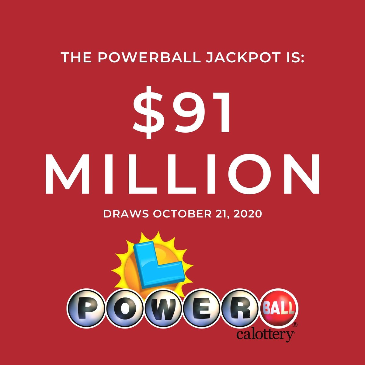 Have you heard? The #Powerball jackpot is now $91 MILLION. Do you have your ticket for Wednesday's draw? #calottery #JackpotAlert https://t.co/smXMsZ2nfD