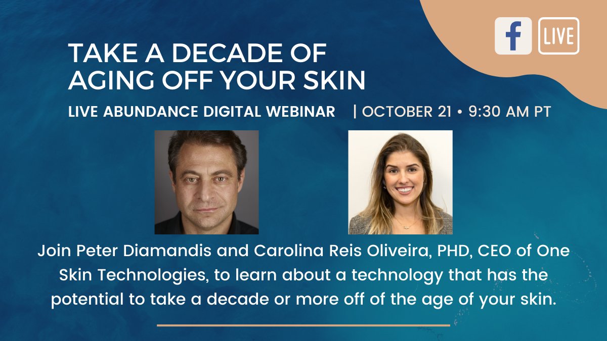 Join me &amp; @oneskintech CEO Carolina Reis Oliveira for a LIVE webinar 💻

Learn about a longevity company started by 6 female entrepreneurs, using cutting edge tech to identify the senescent cells that cause skin to age.

📆: 10/21 | 9:30 AM PT
📍: bit.ly/3kdUh7R