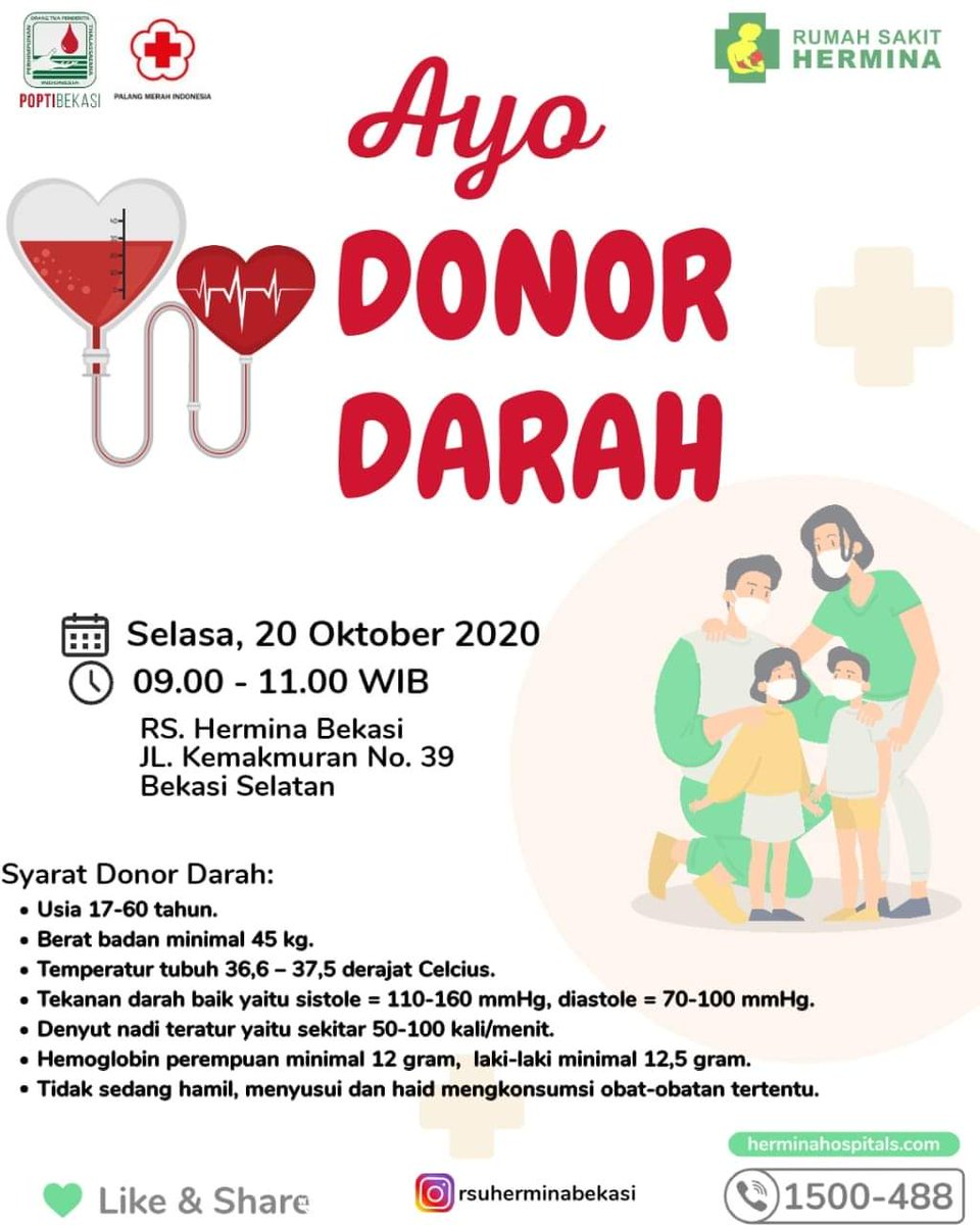 #INFO #DonDar #Bekasi | 20 Okt'20 | 09.00 - 11.00 | RS Hermina . Jl. Kemakmuran 39 Bekasi Selatan | cc <a href="/Blood4LifeID/">BFL INDONESIA</a> <a href="/bmpskotabekasi1/">BMPS KOTA BEKASI</a> <a href="/BekasiSharing/">Bekasi Sharing</a> <a href="/apakabarbekasi/">Apakabar Bekasi</a> @ayobekasicom