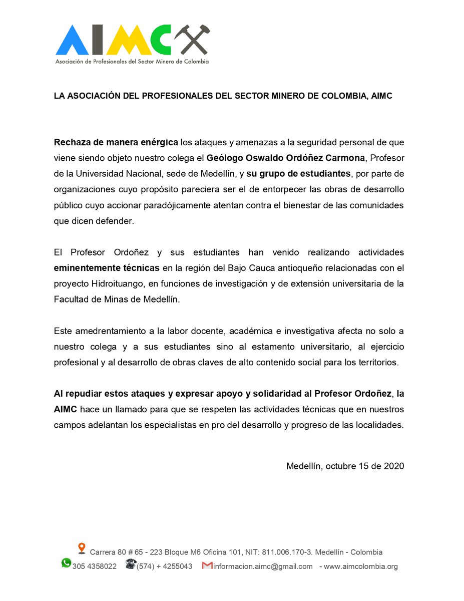 AIMC (@aimc_colombia) on Twitter photo la AIMC se solidariza con el profesor de <a href="/fminas/">Minas Medellín UNAL</a> Oswaldo Ordoñez y su grupo de estudiantes hace un llamado para que se respeten actividades técnicas que adelantan los especialistas en pro del desarrollo y progreso. <a href="/Covidgeo/">OOC</a> @grupogemma @UNALmedellin <a href="/UNALOficial/">Universidad Nacional de Colombia</a> la AIMC se solidariza con el profesor de <a href="/fminas/">Minas Medellín UNAL</a> Oswaldo Ordoñez y su grupo de estudiantes hace un llamado para que se respeten actividades técnicas que adelantan los especialistas en pro del desarrollo y progreso. <a href="/Covidgeo/">OOC</a> @grupogemma @UNALmedellin <a href="/UNALOficial/">Universidad Nacional de Colombia</a>