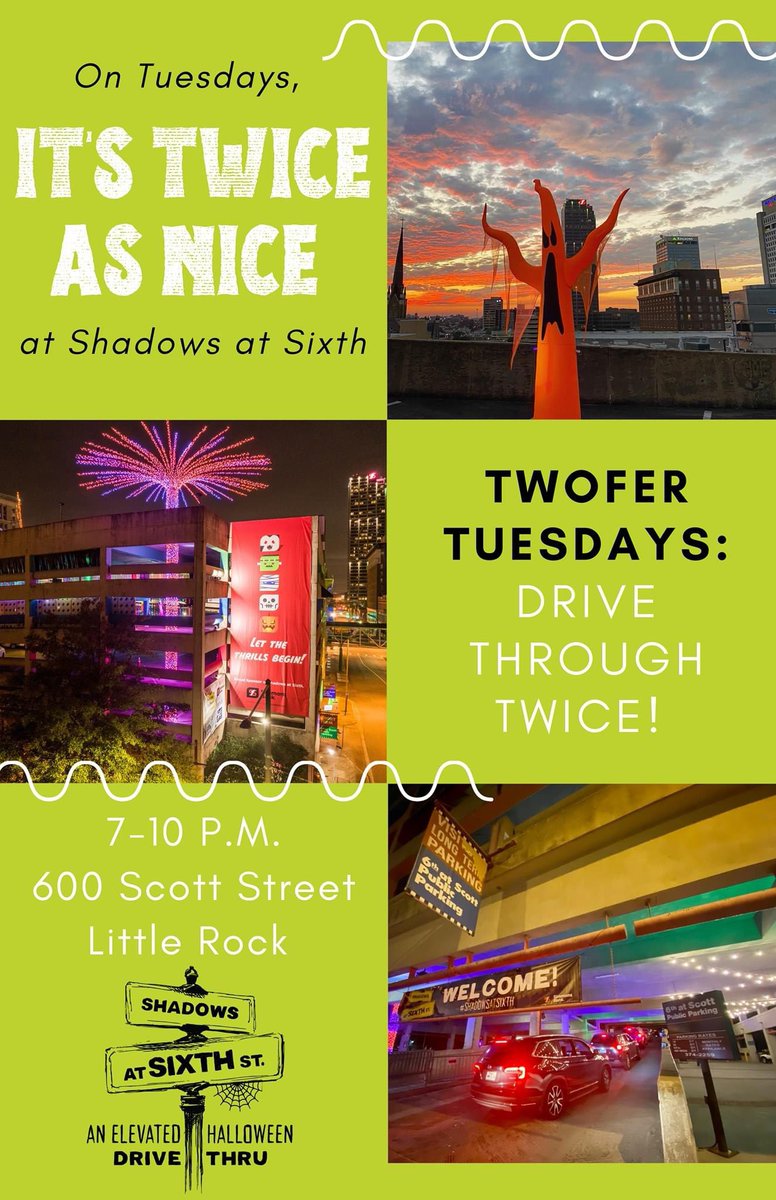 Whether it’s on two wheels (🚴) or four wheels (🚙), Tuesdays are the BEST time to come downtown to #ShadowsAtSixth at 600 Scott St. 

Bring your family and get in the Halloween spirit!

Tickets: centralarkansastickets.com/events/shadows…
<a href="/LittleRockZoo/">Little Rock Zoo</a> <a href="/simmons_bank/">Simmons Bank</a>