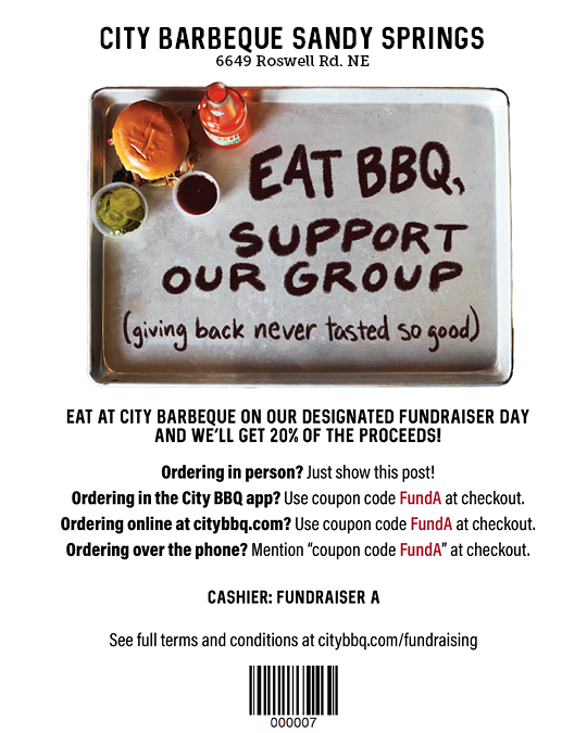 Eat barbeque and support Spartan Nation! We are having a  Spirit Night fundraiser at City BBQ Sandy Springs on October 22! We’ll get 20% of the proceeds from every order that uses our code on October 22, no matter how you order--in person, online, or over the phone!