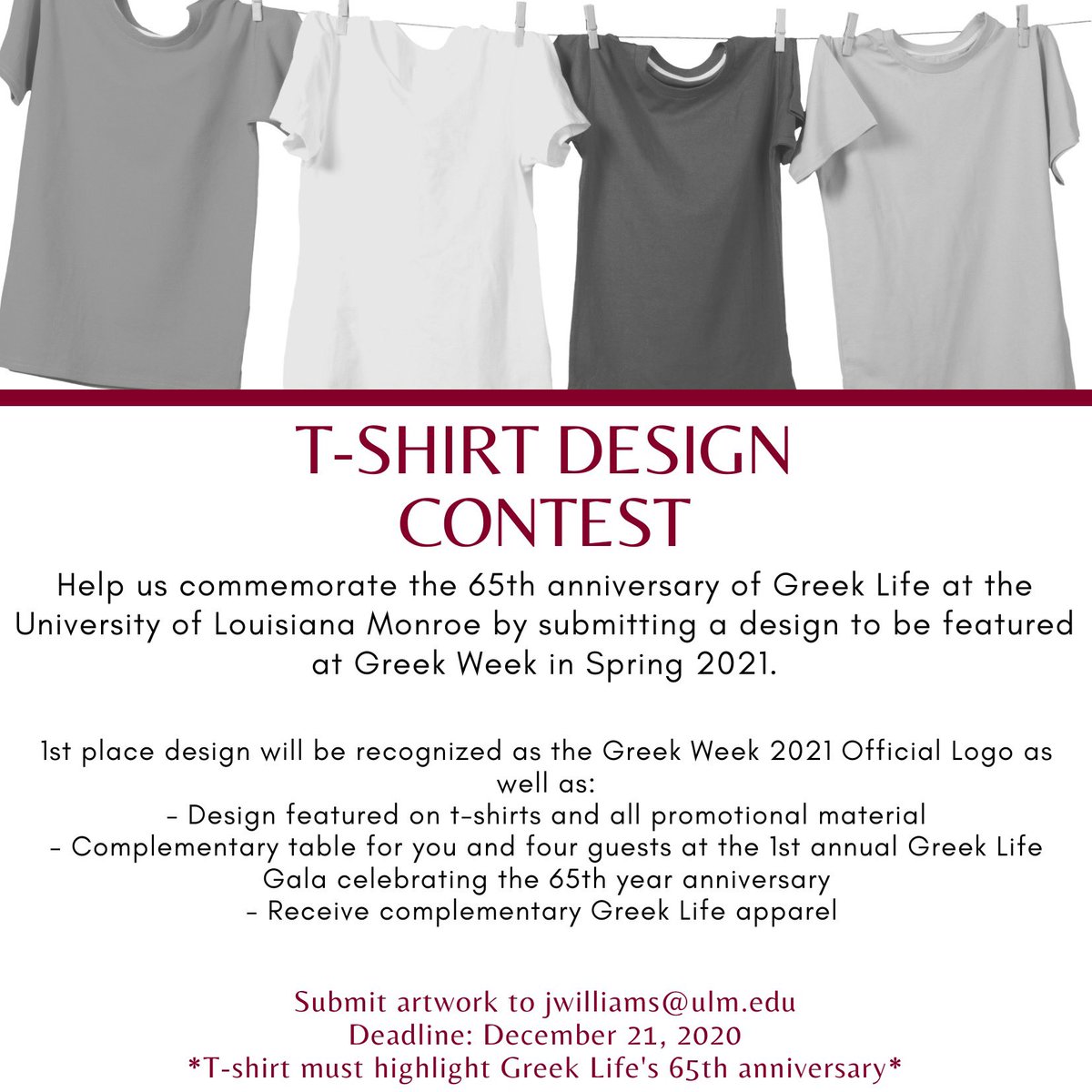 Don't forget that the T-shirt design contest for the Greek Life Gala is still open! Any current or past Greek Life member is able to submit a design. Check out the flyer to see what first place wins! If you have any questions, please reach out to us at greeklife@ulm.edu