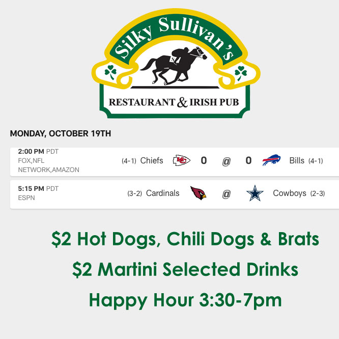 Today we are opening early at 2pm for Monday Night Football. Both indoor and outdoor TV's

2:00 Chiefs vs Bills (rescheduled game)
5:15 Cardinals vs Cowboys

Happiest Half Hour 3:30-4pm
Happy Hour 4-7pm with free chips and salsa!

#NFL
#MNF
#football
#cheers
#silkys2020
#silkys
