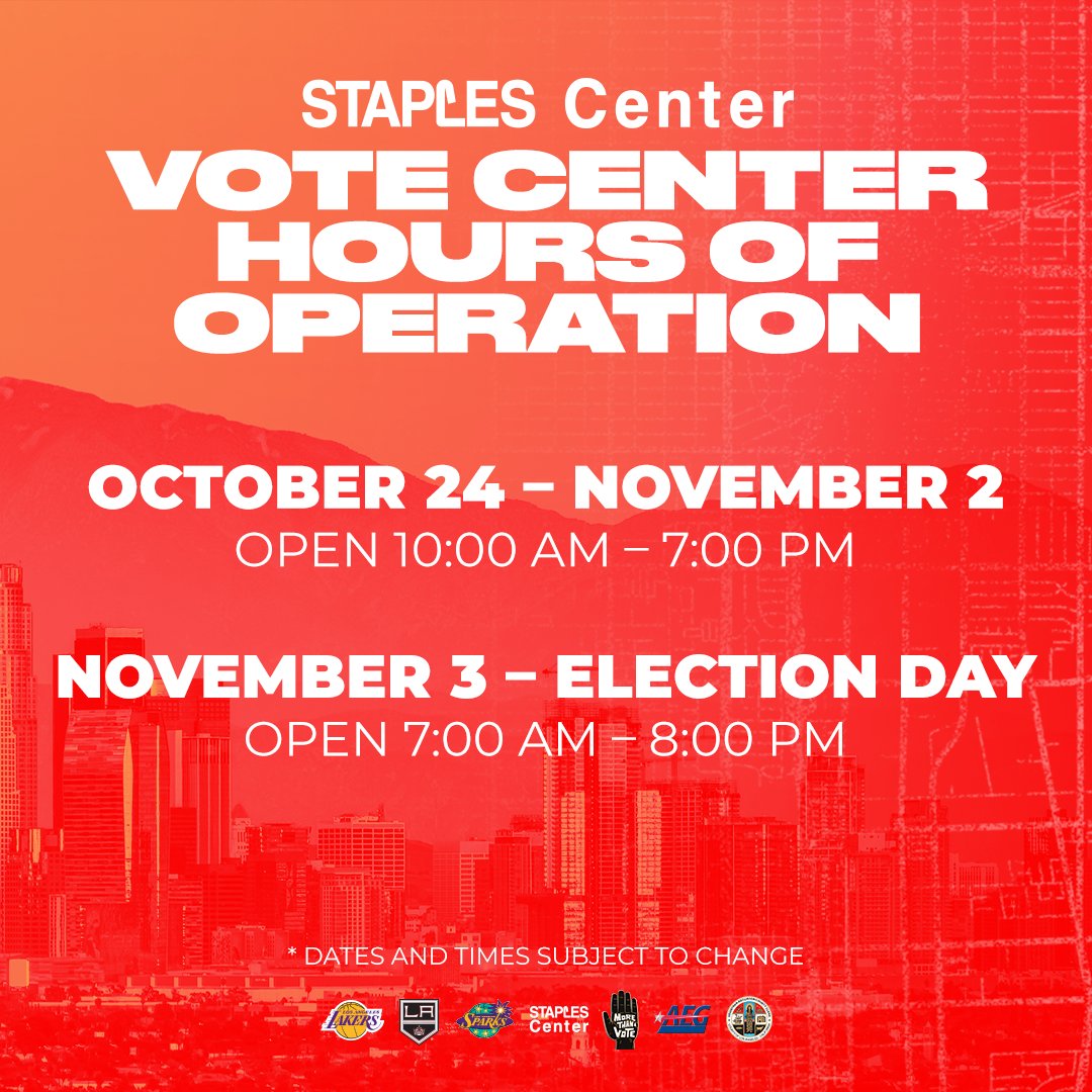 cryptocomarena's tweet image. STAPLES Center will serve as a General Election Vote Center starting this Saturday, October 24. For full information please visit staplescenter.com/vote