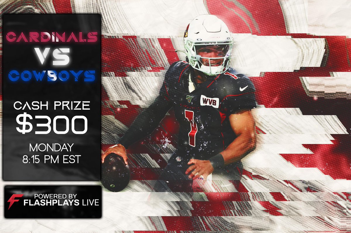 FlashPlaysLive's tweet photo. Kyler Murray and the Cardinals look to take on the Cowboys without Dak Prescott. Questions 1 and 2 will be released at 5:30 pm EST #FlashPlays https://t.co/3ijyNakTmm