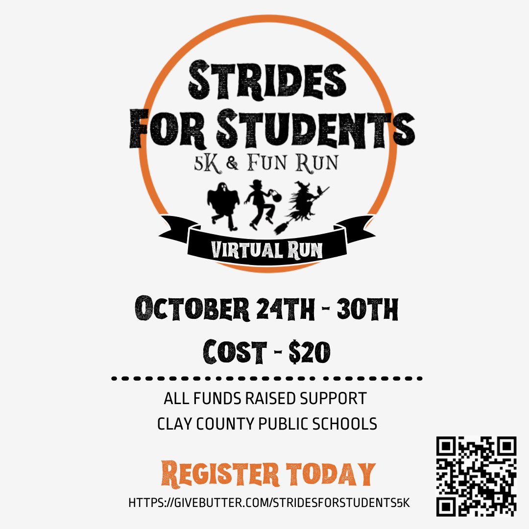 CEFClay's tweet image. Don’t forget to sign up for the 5K starting this Friday the 24th! Run anytime between the 24th and 30th! 

All proceeds benefit Clay County public schools! Tag us in your costumes &amp;amp; run times at #StridesForStudents5K