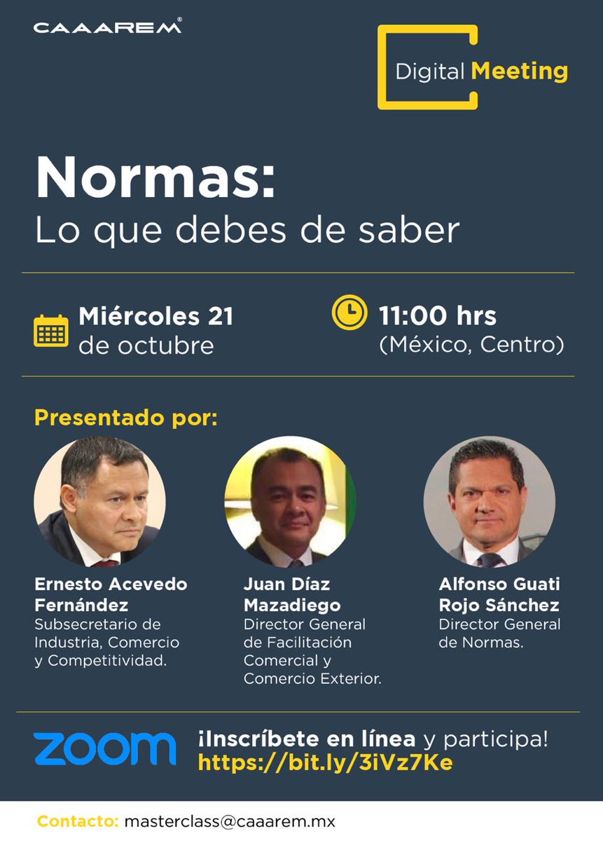 CAAAREM's tweet image. 🔹️Recordatorio🔹️
¡No te pierdas este miércoles el #DigitalMeeting de CAAAREM con invitados especiales!
Ernesto Acevedo Fernández, @jdiazmazadiego y @A_GuatiRojo 
Cupo limitado
Link de Registro: ➡️ bit.ly/3iVz7Ke
