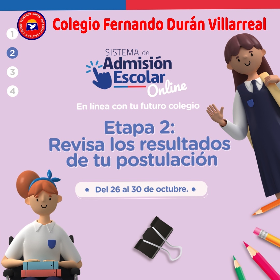 DuranColegio's tweet photo. Información importante para los apoderados que postularon a través del Sistema de Admisión Escolar. Se aproxima la Etapa 2: revisión de resultados de la postulación. https://t.co/sn3RkatKm8