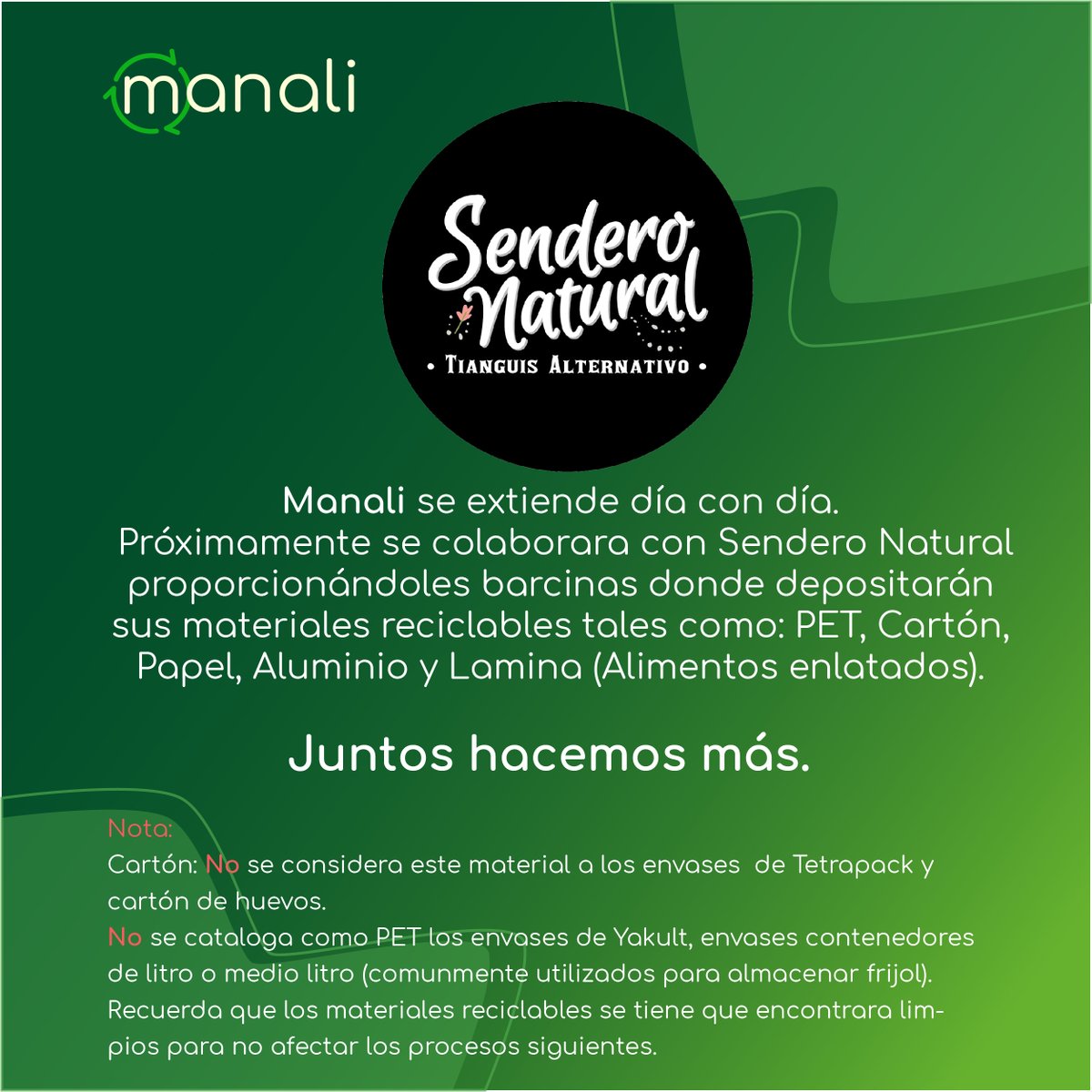 ManaliMexico's tweet photo. Muy emocionados de poder trabajar junto a Sendero Natural Tianguis Alternativo. Ubicados en el Parque Tres Centurias
#TodosJuntos por un Aguascalientes mejor. https://t.co/oeuJpNQQZz