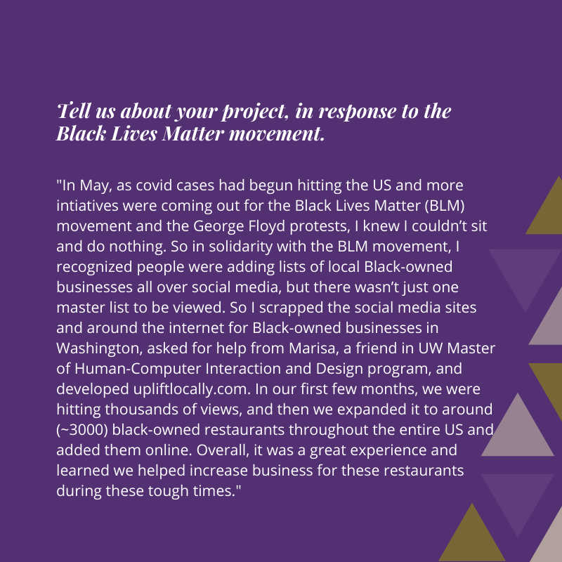 UWgsee's tweet photo. This month's Humans of GO-MAP features Devin, a master's student majoring in Human Centered Design & Engineering at the UW. Click the images to check out his stories!
Visit his website here: https://t.co/8a0epdAw9c
#UWGradSchool #UWGOMAP #HCDE #BLM https://t.co/nVVA0aXb3R