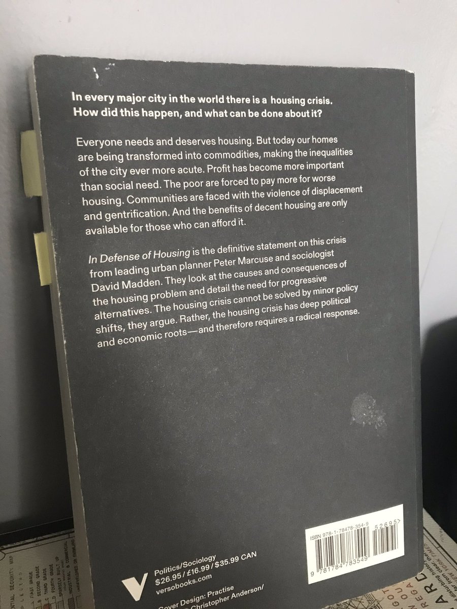 “In Defense of Housing” by  @davidjmadden and Peter Marcuse - explains housing commodification and other interesting concepts like “residential alienation.” really gets you thinking, my copy is almost falling apart from how much i bent it to write ideas in the margins