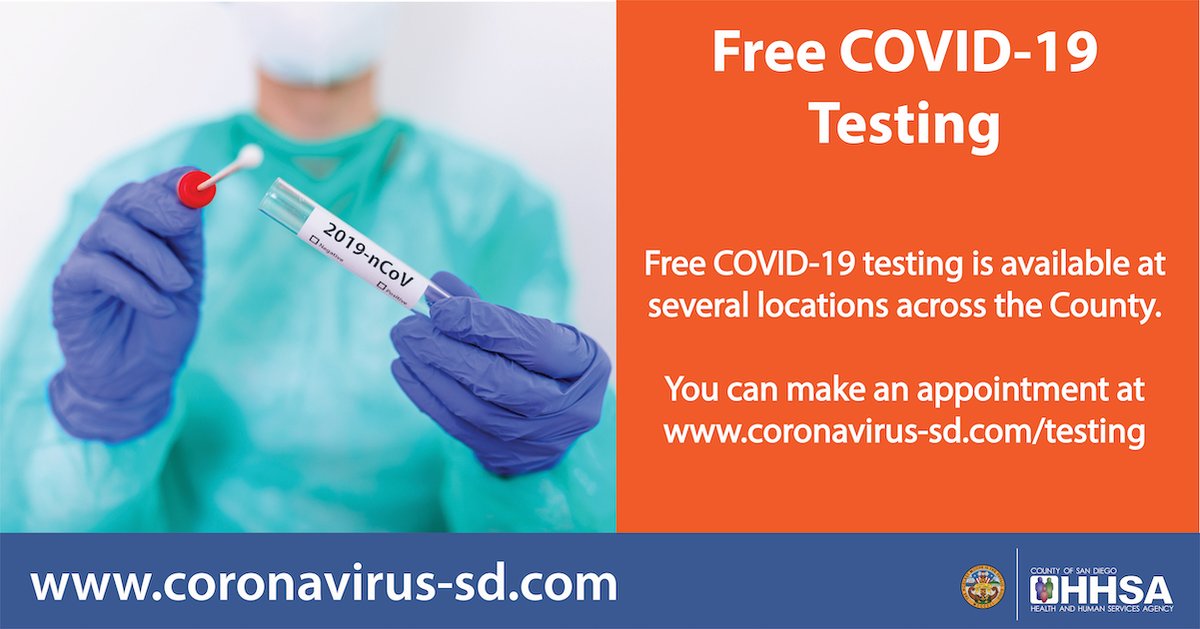 There are free COVID-19 testing sites available all over the County.

To locate and schedule an appointment by location or day, visit coronavirus-sd.com/testing