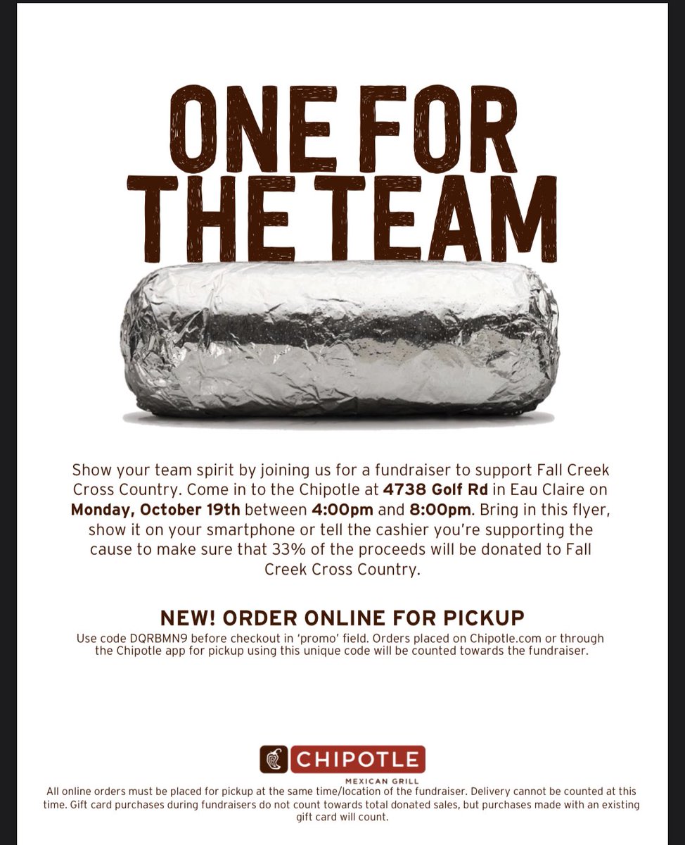 FCCrossCountry's tweet photo. Cross Country fundraiser tonight at Chipotle in Eau Claire. Tell them you’re with the FC Cross Country team or show this flyer. We appreciate your support #gocrickets https://t.co/5uV3csHhlZ