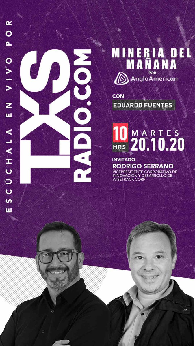 WisetrackCorp's tweet photo. Te invitamos mañana 20 de octubre 10h00am a sintonizar #TXSRadio https://t.co/0KMqKUl39I

@Crrano VP de Innovación y Desarrollo en @WisetrackCorp conversará con #EduardoFuentes en porgrama #MineríaDelMañana para ahondar y conocer sobre las últimas innovaciones en el mundo minero. https://t.co/8TNHE09jHY