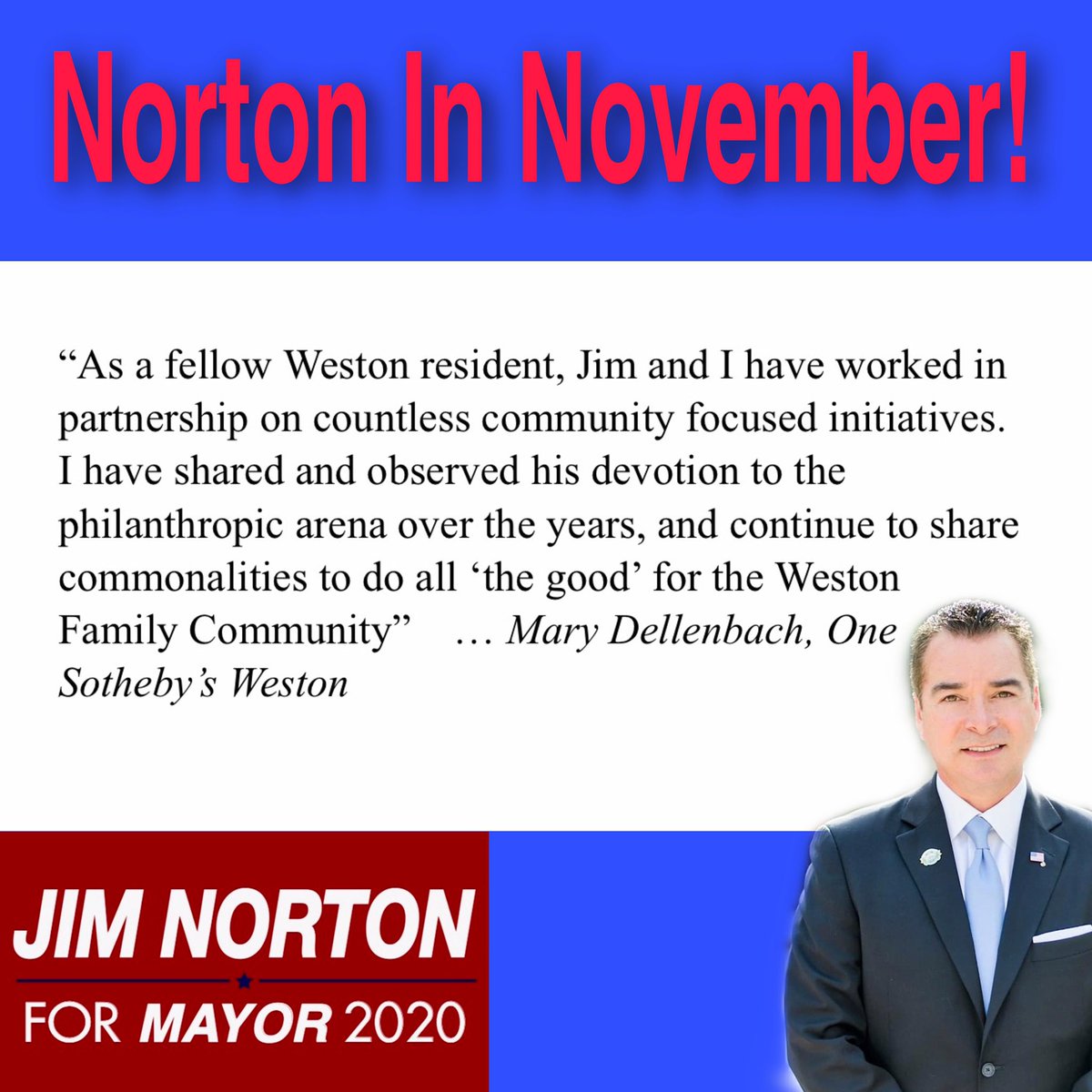 #NortonInNovember
#JimNorton #VoteJimNorton #WestonMayor
#Weston #WestonFlorida
#WestonianParty
#JimNorton2020
#MunicipalExperience #CommunityService #Leadership #Vote2020 #NonPartisan

Approved by Jim Norton for Mayor