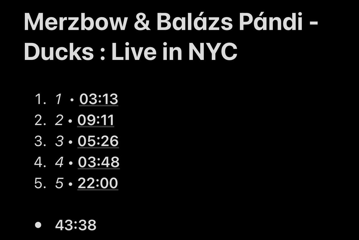 57/108: Ducks : Live in NYC (with Balázs Pándi)I love when drums are used in Merzbow projects so it’s even better when it’s a professional drummer who plays them and not Merzbow himself and the whole drum solo track ("4") is a really good performance from Balázs Pándi.