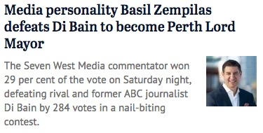 What’s multi-media man Basil Zempilas to do after being elected Lord Mayor of Perth? Something’s got to give. He’s on breakfast radio, presents the nightly sports news on TV and writes for The West Australian. Might create a few jobs for unemployed journos. https://t.co/ZbDoyR9heS