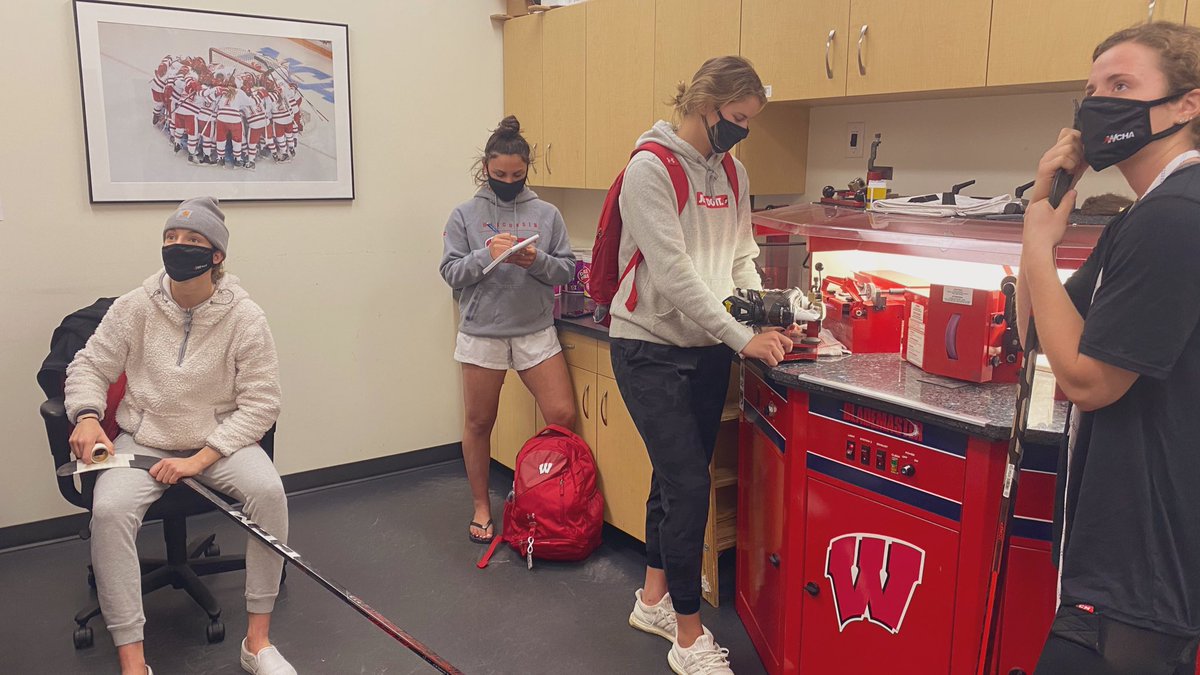 BadgerWHockey's tweet photo. We’re wearing our brand new @WCHA_WHockey masks around the rink today!
#BadgersDefend || #MaskUpMonday https://t.co/jmXHNJ50as