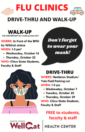 .<a href="/WellCatHealth/">WellCat Health Center</a> is offering FREE Flu Shot Clinics this week for students, staff, and faculty! From 1–5 p.m., the drive-thru clinic will be open tomorrow in the University Stadium parking lot &amp; the walk-up clinic will be open this Thurs. in front of the BMU bit.ly/2SCFtDv