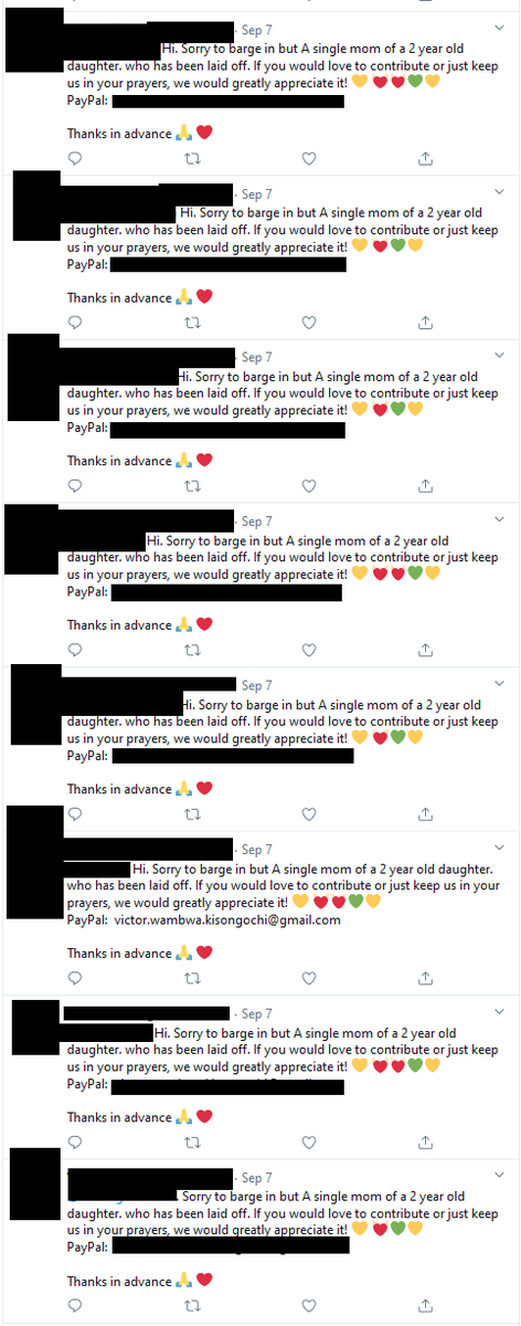 While looking through the psychics accounts, I saw that they retweeted a post from a single mom who was begging for money.This account has been spamming random users every few minutes for a month now, at speeds a human likely wouldn't be able to do (2-3 tweets per minute)