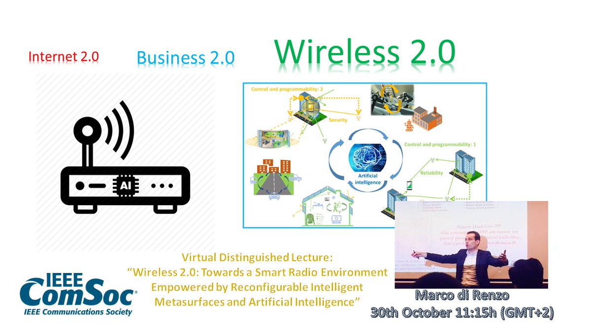 ieeecomsoc_emea's tweet image. Virtual Distinguished Lecture

Speaker: Marco Di Renzo

Title: TOWARDS A SMART RADIO ENVIRONMENT EMPOWERED BY RECONFIGURABLE INTELLIGENT METASURFACES AND ARTIFICIAL INTELLIGENCE

Date: Friday, October 30, 2020 at 9.15-10.30 GMT

Registration link: events.vtools.ieee.org/m/241905