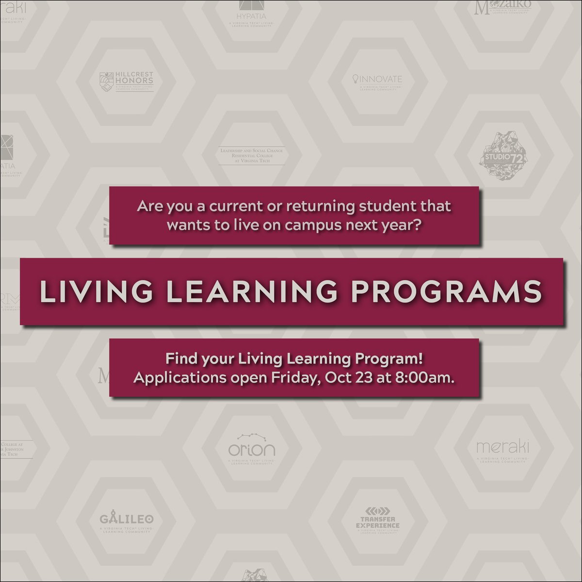 VTResidential's tweet photo. Living Learning Program applications open on Friday, October 23 at 8am for current or returning students! Visit https://t.co/w0crgRzhM9 to learn more about applying and to explore your options.
#livinglearningprogram #virginiatech #vt21 #vt22 #vt23 #vt24 #vthrl #vtllps https://t.co/BE0LqCF9Kq