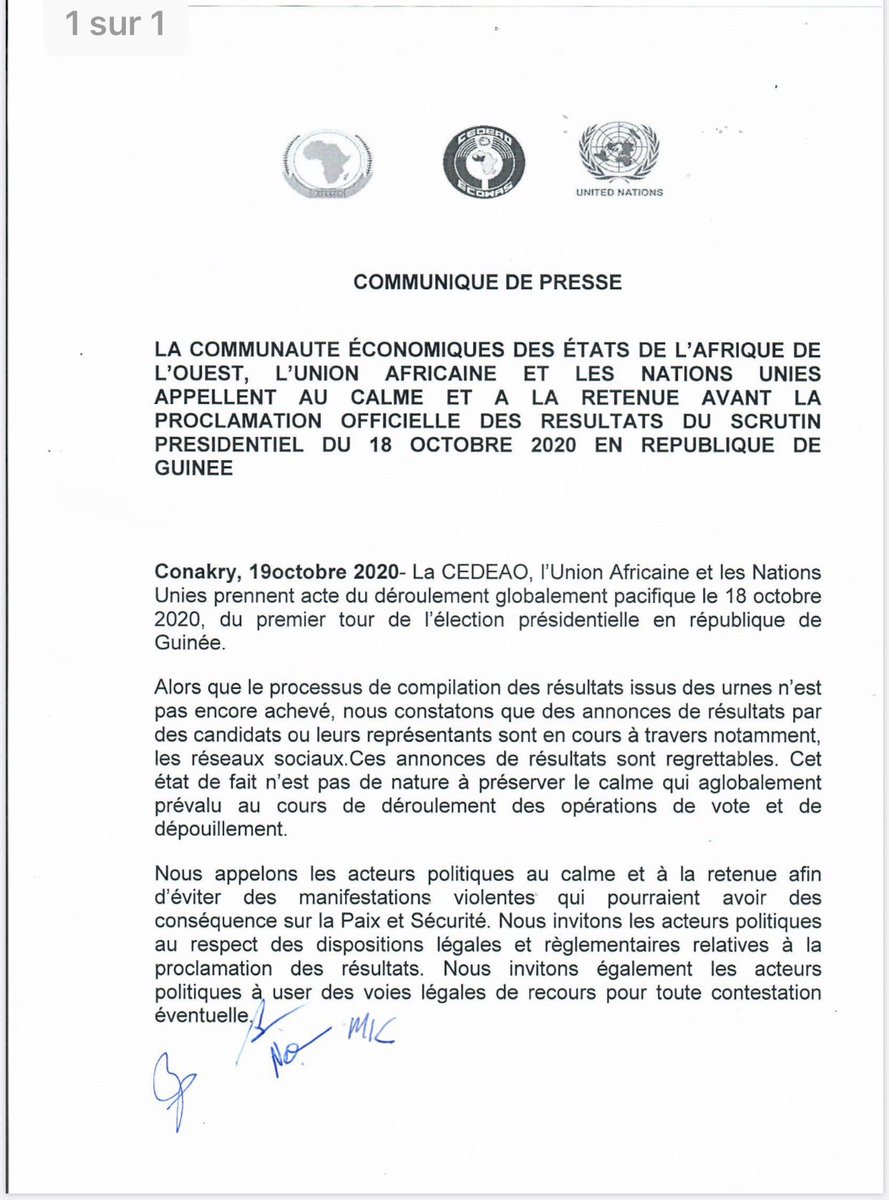 kalloibrahima89's tweet photo. COMMUNIQUÉ DE PRESSE 

LA @ecowas_cedeao , DE L’@_AfricanUnion ET DES @ONU_fr APPELLENT AU CALME ET À LA RETENUE AVANT LA PROCLAMATION OFFICIELLE DES RÉSULTATS DU SCRUTIN PRÉSIDENTIEL DU 18 OCTOBRE 2020 EN RÉPUBLIQUE DE GUINÉE.
@alphacondepresi @Cellou_UFDG @IbrahimaKFofana https://t.co/rdDewmvPvt