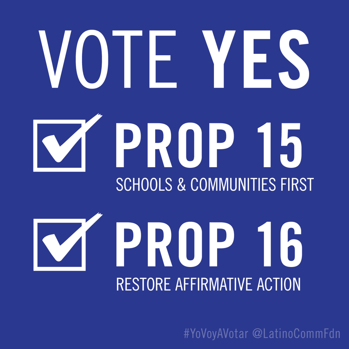 LatinoCommFdn's tweet photo. La justicia racial está en la boleta electoral este año. Es hora de votar sí en #Prop15 para reclamar $12 mil millones para nuestras comunidades y sí en #Prop16 para restaurar la acción afirmativa en California. @Schools1stCA @yesprop16 https://t.co/WGAkjQgSGv