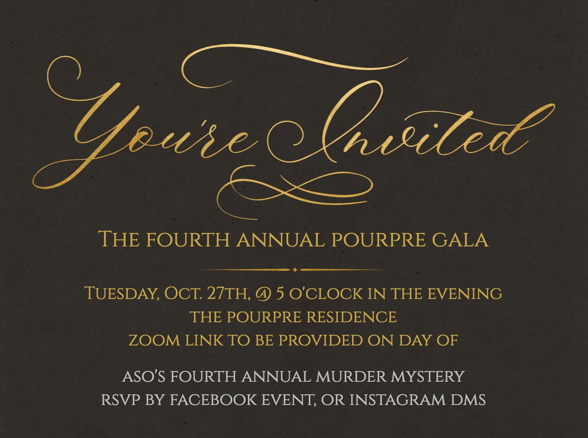 ASOColumbia's tweet photo. ASO is hosting their fourth annual Murder Mystery event! Be ready Tuesday Oct. 27th @ 5:00PM CST in the evening for a virtual event like no other!

Please RSVP in the links in our bio/IG DM’s. The zoom link will be provided to everyone on the day of! Everyone is welcome!! ✨ https://t.co/Vdps8SBWAB