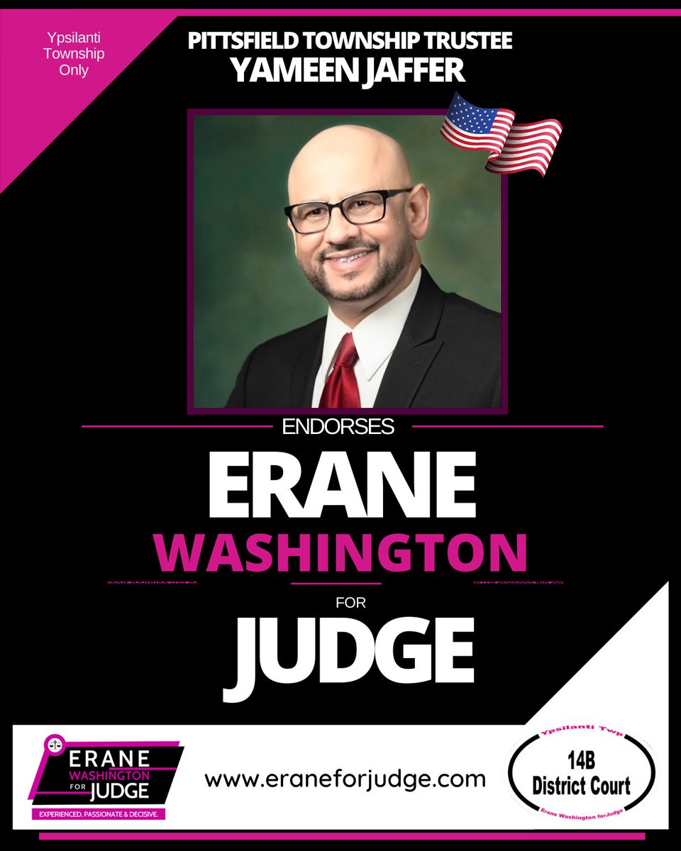 erane4Judge's tweet photo. The CTE Erane Washington Judge is delighted to have the endorsement of Pittsfield Township Trustee, Yameen Jaffer.  We continue to be delighted and sometimes overwhelmed by the level of support Erane has received for her candidacy.  Thank you so very much.

#TeamErane https://t.co/97q5fy2OF7