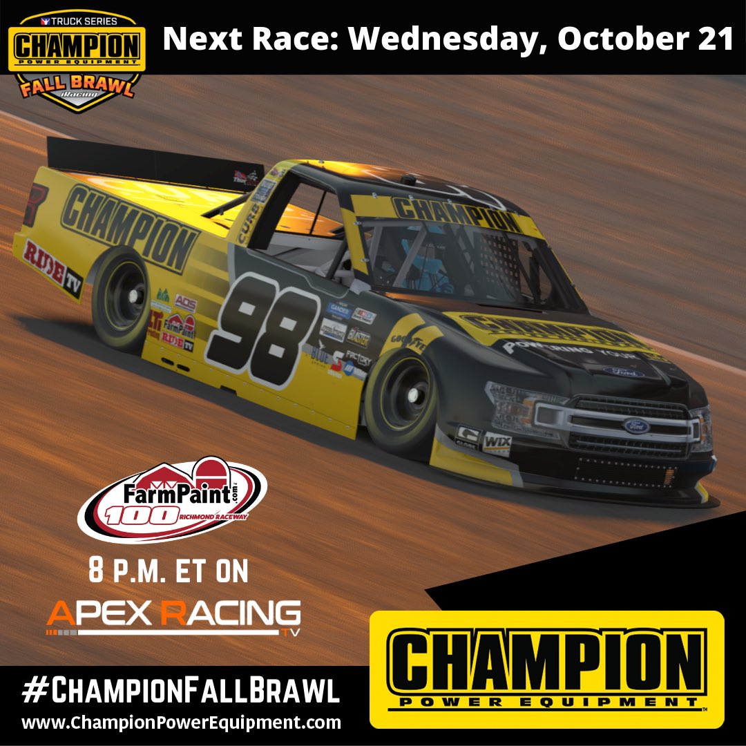 bsm_partners's tweet photo. Join us for race No. 2 of the #ChampionFallBrawl, the #FarmPaint100, from virtual @RichmondRaceway Wednesday night.

All the action starts at 8 p.m. ET on @ApexRacingTV. 

Tune-In link 👉🏼 https://t.co/sTJYbjx0sP https://t.co/WKvmTjzLx3