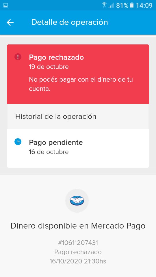 MelisaArok's tweet photo. ME PUEDEN EXPLICAR POR QUE NO PUEDO USAR MI DINERO Y ME DICE "PAGO PENDIENTE" @mercadopago NECESITO UNA EXPLICACION!!! https://t.co/wW1KJgogz7