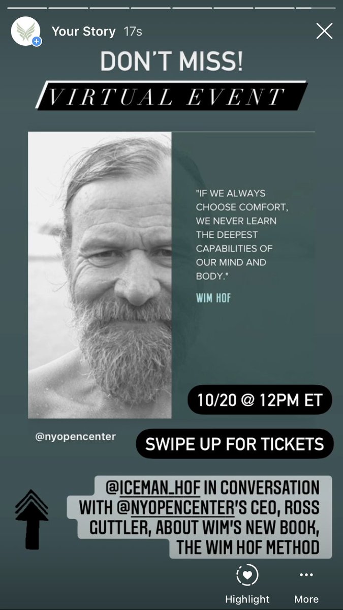 Tomorrow, Tuesday, 10.20.20...take a lunch break and join <a href="/Iceman_Hof/">Wim Hof</a> in conversation with 
<a href="/nyopencenter/">The Open Center</a>'s Ross Guttler , to discuss Wim's new book, #TheWimHofMethod. 12:00pm ET. Link to sign up: opencenter.org/the-wim-hof-me…