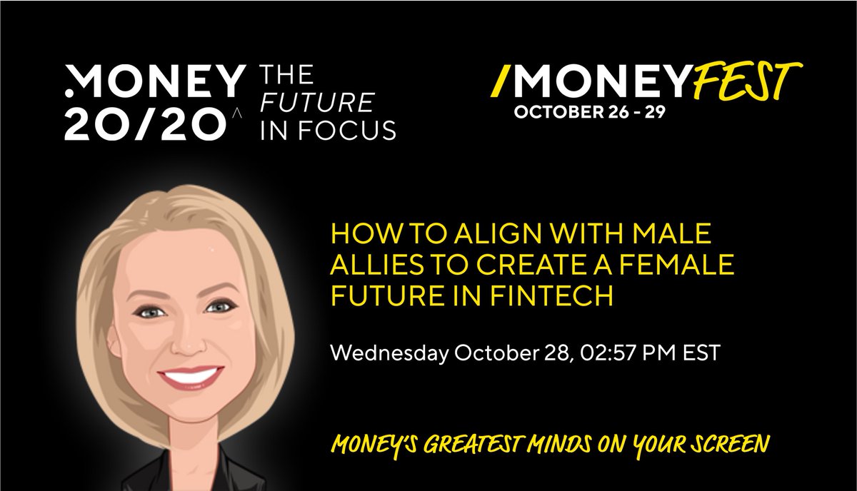 THE COUNTDOWN IS ON! Thrilled to take the (virtual) stage to speak at #MoneyFest #Money2020. Join <a href="/_randyrivera/">Randy Rivera 🇩🇴🇺🇸👨🏽‍💻</a>  and me for our Rise Up session, ‘How to align with male allies to create a female future in #fintech’, on Oct. 28. bit.ly/3lg7Aoo <a href="/money2020/">Money20/20</a>
