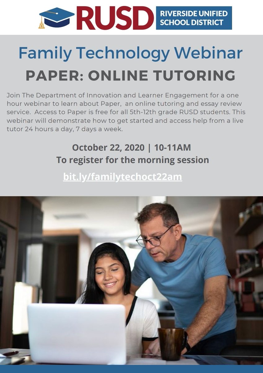 Don't forget <a href="/RiversideUSD/">Riverside Unified School District</a> We have our parent webinar this Thursday on <a href="/PAPERlearning/">Paper</a>, the free 24-7 tutoring platform available for students in grades 5-12. #rusdlearns #BetterTogether