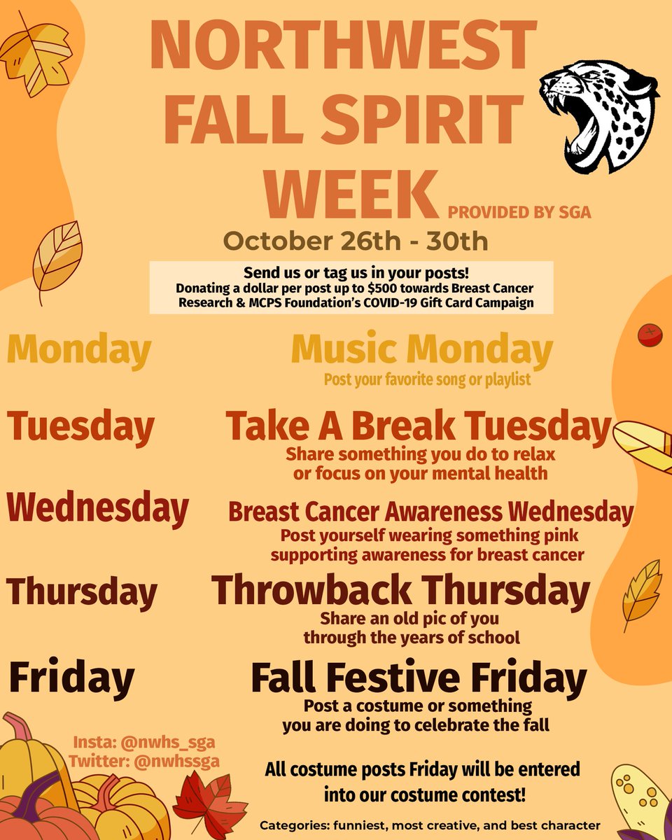 🍁SPIRIT WEEK IS APPROACHING🍁
Send us or tag us in your posts! We will be donating a dollar per post up to $500 towards Breast Cancer Research &amp; MCPS Foundation’s COVID-19 Card Campaign. In addition, we will be having a Costume Contest on the 30th. Go Jags!